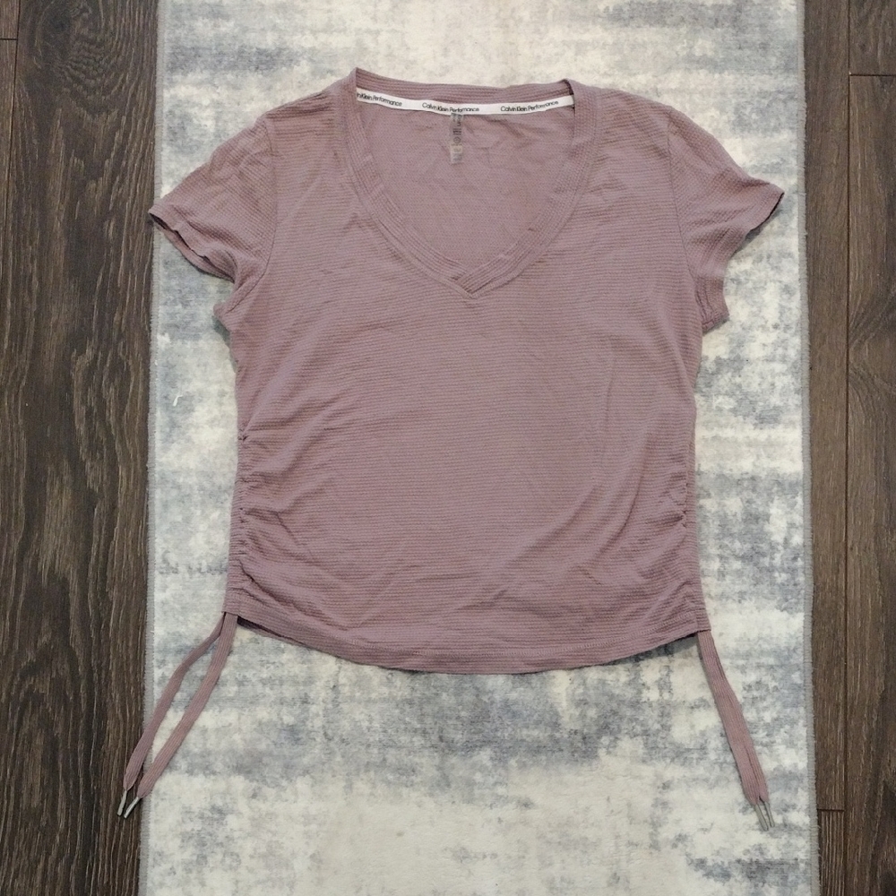 Calvin Klein Purple V-Neck Pull Up String Activewear Short Sleeve Top Small